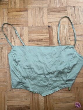 PrettyLittleThing Sage Green Satin Cowl Neck Crop Tank